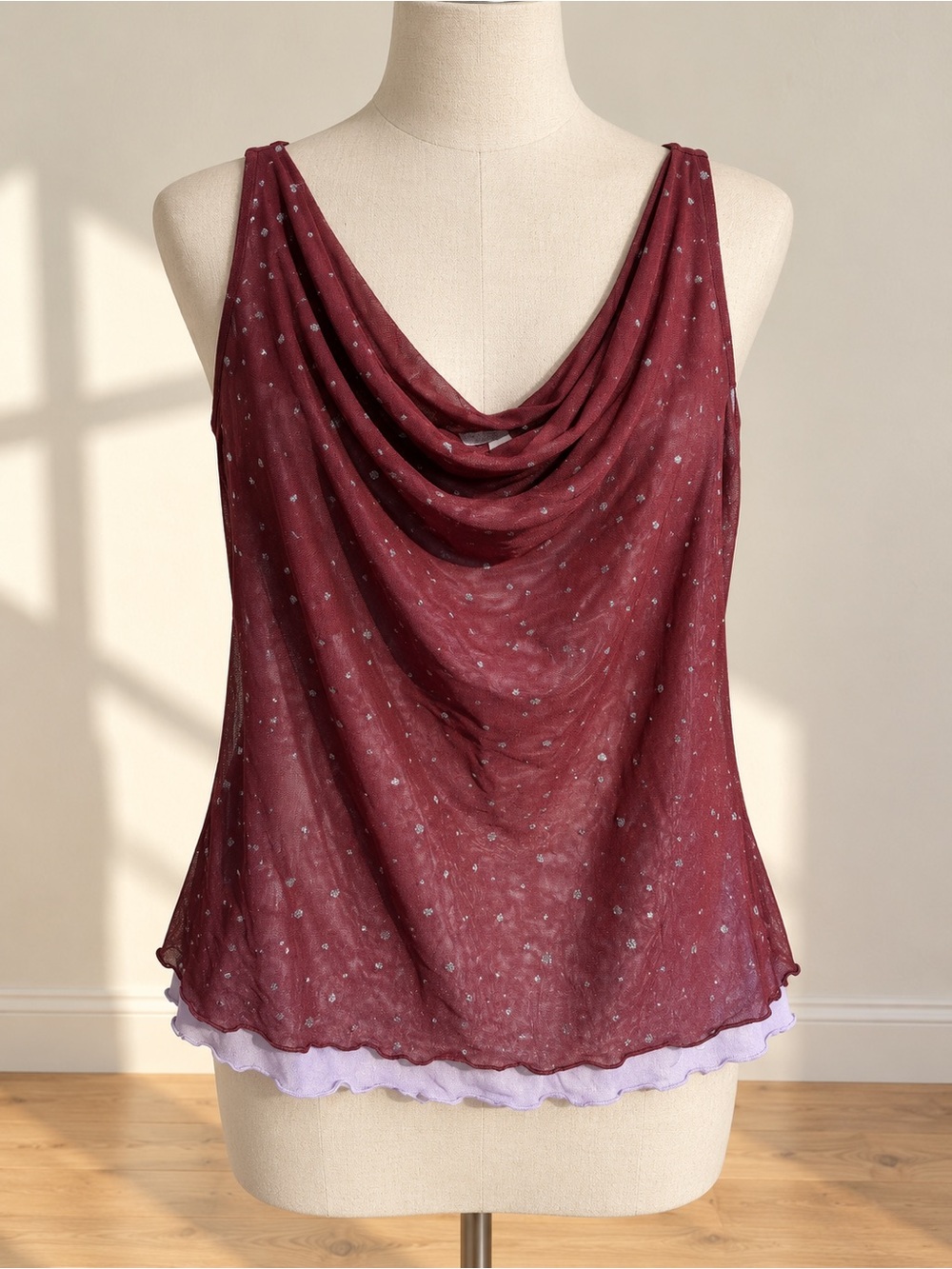 Y2K XOXO Burgundy Glitter Mesh Cowl Neck Tank Top Lavender Layered Hem L